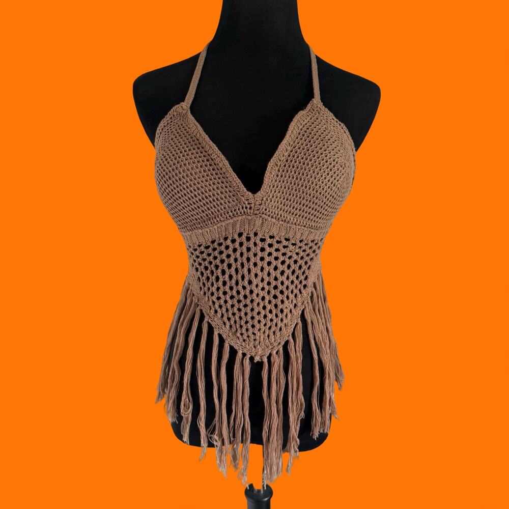 00's vintage crochet fringe backless halter boho festival y2k tank top LARGE